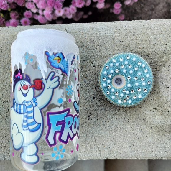 Handmade Other - Frosty Blue Snowman Glass Tumbler - Clear Blue Accent